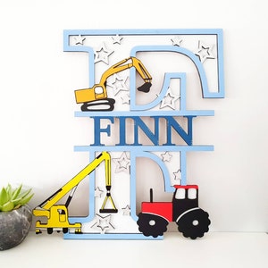 Personalised tractor & construction door/wall themed letter. Bedroom decoration initial. Full letter or split with a name.