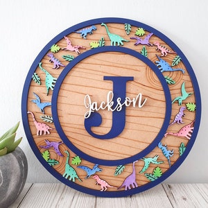 Personalised dinosaur circle plaque. Wall art, door name sign