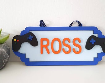 Gaming themed personalised wooden door signs. Children's bedroom name plate. Door hangers.