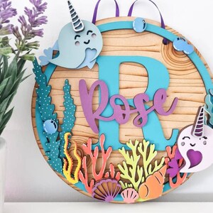 Personalised Narwhal wreath. Bedroom decoration / door sign / name plaque