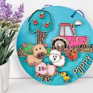 Personalised farm doodle animals circle plaque. Wall art, door name sign