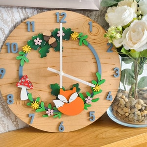 Woodland fox themed wall clock. Bedroom, nursery art, time teller.
