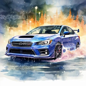 以下が含まれることがあります： 水彩画のような雪景色の中を走る青いスバルWRX STIスポーツカー。車は薄い青色の霧に包まれ、街のシルエットが背景に広がっています。
