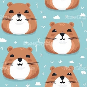 May include: A seamless pattern featuring cartoon brown hamsters with white bellies and black noses on a light blue background. The hamsters have black eyes and whiskers. The background also features white clouds and white lines.