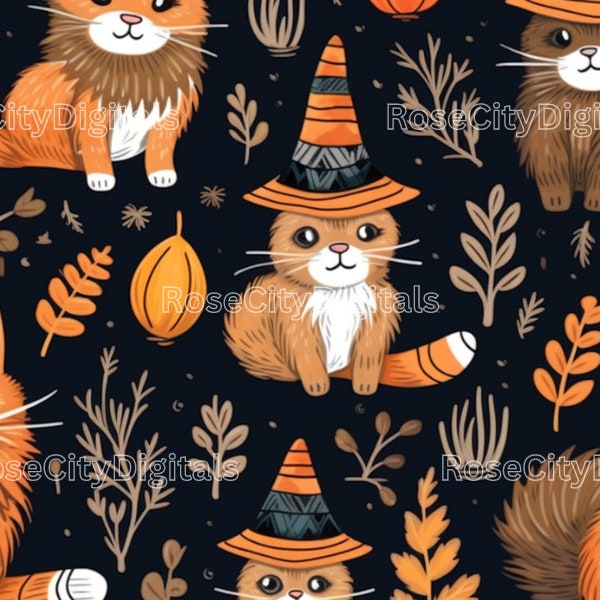 Tabby Cats in Witches Hats DIGITAL PRINT