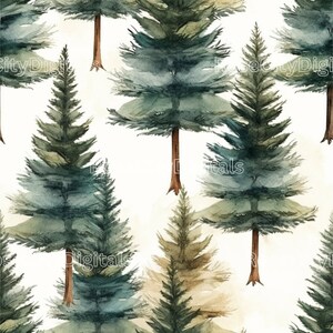 Può includere: Motivo senza cuciture ad acquerello con una foresta di pini verdi su uno sfondo bianco. Gli alberi sono dipinti in uno stile sciolto e pittorico, con bordi morbidi e sottili variazioni di colore.