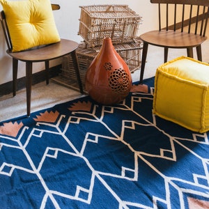 Floral Blue Kilim Area Rug Runner | Flatwoven Living Room Bedroom Decor | Trendy Statement Aesthetic Wool Rugs | Low Pile Size 3x5 5x8 8x10