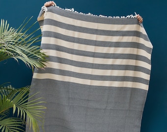 Navy Blue stripes Egyptian cotton handloomed pompom throw; sofa throw blanket; 130x170cm; 51''x69''; woven throw; living room decor; throws