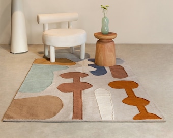 Dywan Kilim z płaskiej wełny w bloki kolorów | Spalana pomarańcza, beż i zieleń | Salon, sypialnia, biuro dla dzieci | 2x3 4x6 6x9 8x10 | Nowoczesna estetyka