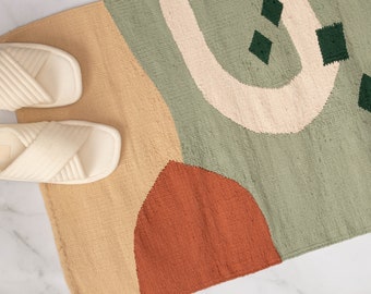 Funky Bathroom Rug Bathmat Set | Colorful Bath Mat Shower Runner | Flatwoven Handcrafted Bathroom Decor | Lime Cream Camel Beige Washable