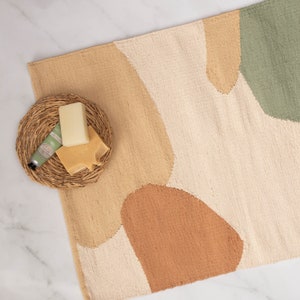 Cute Bathmat Bath Mat Bathroom Rug Sets | Soft Cotton Woven Runner | 26x20 36x24 | Trendy Decor | Beige Green Earth | Bathtub Accessories