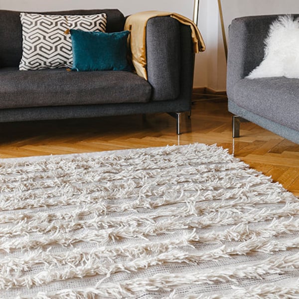 Off White Boho Wool Rug | Handwoven Shag Moroccan Style Rugs | Living Room Bedroom Aesthetic | Neutral Area Rug Runner | 5x8 6x9 8x10 9x12