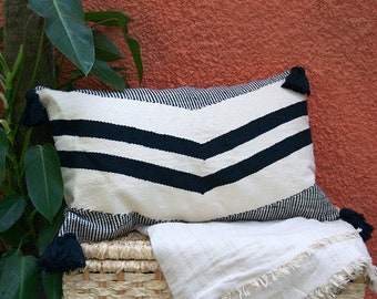 Valley black lumbar handmade kilim cushion cover; bohemian throw pillowcase; black and white; decor ideas; woven 26x16 16x26 20x20; tasseled