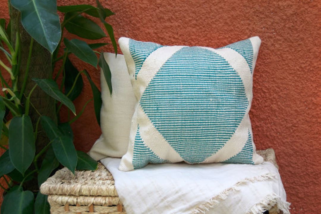 Riptide Handmade Kilim Cushion Cover Bohemian Throw Pillow Cotton Southwestern Flatwoven Moroccan Handcrafted 16x26 18x18 Teal Pillowcase - Etsy