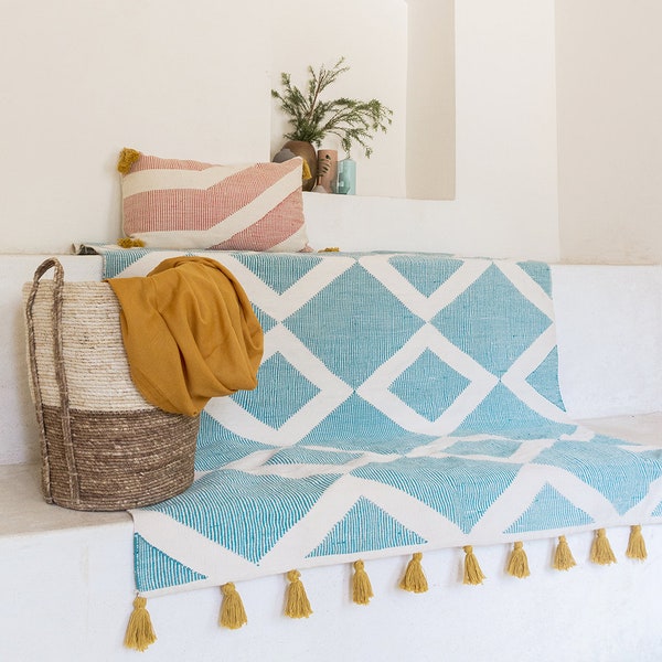 Riptide handmade flatwoven cotton kilim rug; southwestern geometric; 5x7 5x8 8x10 9x12; living room decor; colorful; tassels; area runner