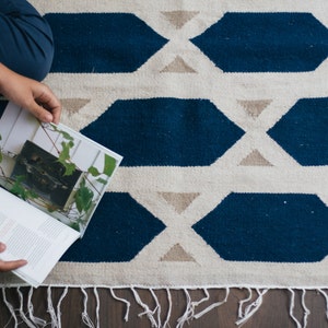 Blue Geometric Flatwoven Kilim Rug | Southwestern Turkish Rugs | Living Room Area Accent Runner | Size 3x5 5x8 8x10 | Wool | Woven Low Pile