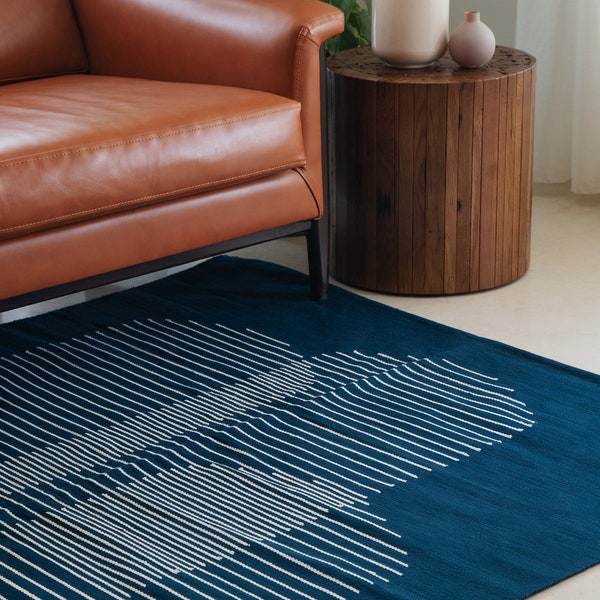 Blue Flatwoven Kilim Rug | Geometric Cotton Rug | Art Deco | Area Runner | Cool Antique Accent Rugs | Handmade Egypt Rug 8x10 | Room Decor