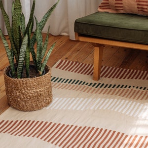 Alfombra colorida para sala de estar de 8 x 10 pulgadas / Alfombras asimétricas con acento contemporáneo / Decoración del hogar para el dormitorio / Beige, terracota y verde / Kilim de pelo corto de 5 x 8 pulgadas