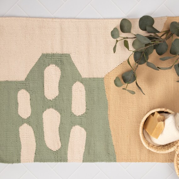 Badematte Badematte Badezimmer Teppich Set | Handgefertigter ästhetischer Läufer | Mintgrün Beige | Niedliche weiche Baumwolle, maschinenwaschbar | Duschwanne Waschbecken