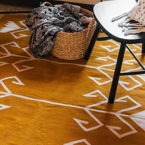 Mustard Yellow Floral Kilim Rug Wool Area Rug Handwoven Etsy