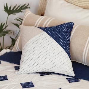 Fayoum Fields Blue Handstitched Pillowcase; Patchwork Throw Pillow Cover; Living Room Bedding Decorative; 100% Egyptian Cotton; Embroidery;