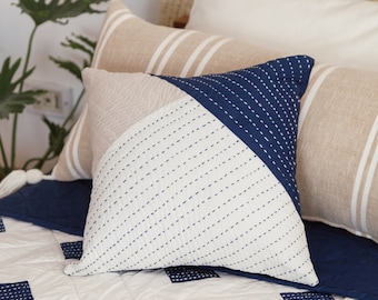 Fayoum Fields Blue Handstitched Pillowcase; Patchwork Throw Pillow Cover; Living Room Bedding Decorative; 100% Egyptian Cotton; Embroidery;