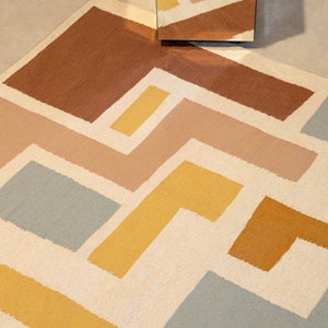 Kolorowy abstrakcyjny płasko tkany wełniany dywan Kilim; Żółty beżowy miętowy zielony różowy; Salon sypialnia 5x8 8x10; Południowo-zachodni obszar z niskim włosiem Tetris