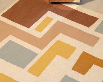 Colorful Abstract flatwoven wool Kilim Carpet Rug; Yellow Beige Mint Green Pink; Living Bedroom 5x8 8x10; Southwestern Area low pile Tetris