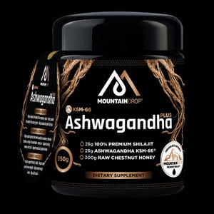 May include: A black jar with a gold label that reads "MOUNTAINDROP Ashwagandha PLUS KSM-66". The label also lists the ingredients: 25g 100% Premium Shilajit, 25g Ashwagandha KSM-66, and 300g Raw Chestnut Honey. The jar is 350g and is a dietary supplement.