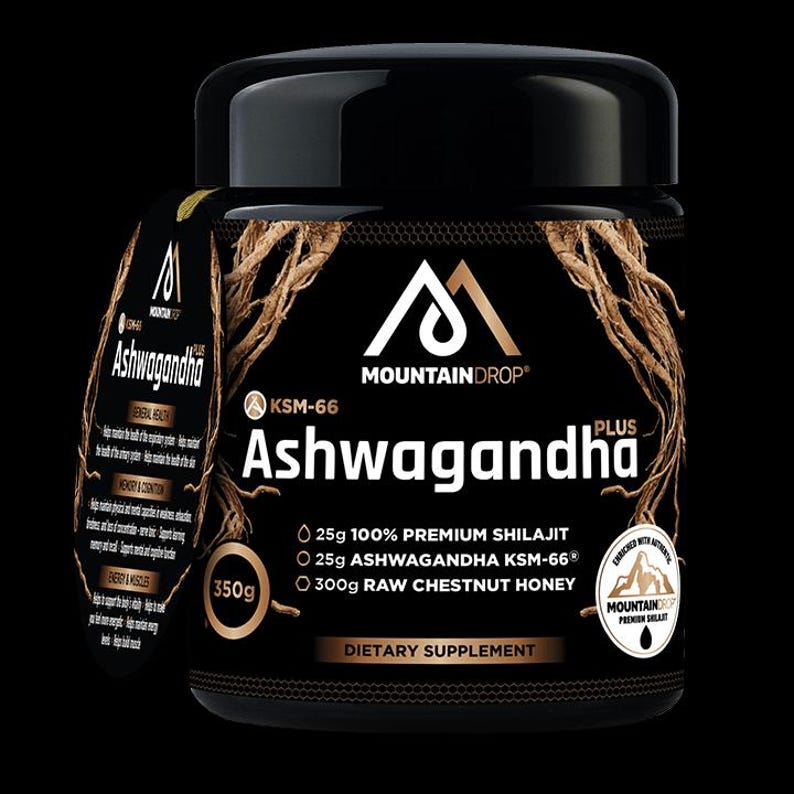 May include: A black jar with a gold label that reads "MOUNTAINDROP Ashwagandha PLUS KSM-66". The label also lists the ingredients: 25g 100% Premium Shilajit, 25g Ashwagandha KSM-66, and 300g Raw Chestnut Honey. The jar is 350g and is a dietary supplement.
