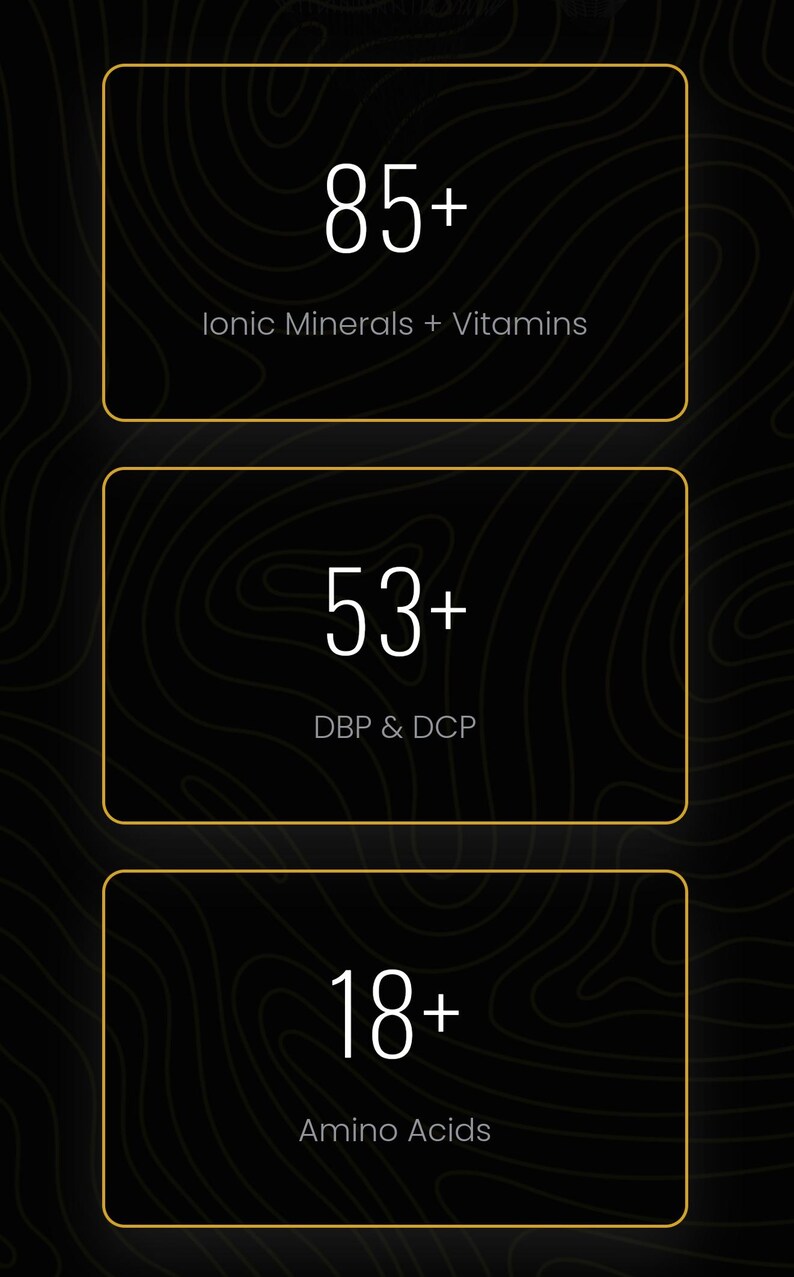 May include: Three gold-rimmed cards on a black background with a textured pattern. The cards show the numbers 85+, 53+, and 18+ with text below each number. The top card says "Ionic Minerals + Vitamins", the middle card says "DBP & DCP", and the bottom card says "Amino Acids".
