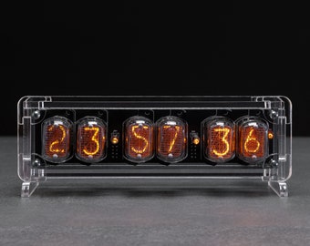 IN-12 Nixie Tube Clock, Retro Acrylic Desk Clock, Blue LED Alarm, Handmade Ukraine