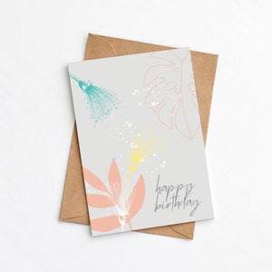 Cartão de aniversário floral moderno, cartão de amante de plantas, estampa botânica, flores, opção de envio direto, plástico grátis