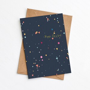 Modern navy birthday card with multicoloured geometric print, and Happy Birthday message in yellow font by Greenwich Paper Studio.