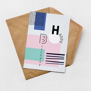 Abstracte gelukkige verjaardagskaart, minimale kaart, Scandi Design, Directe optie verzenden, Plastic gratis kaart