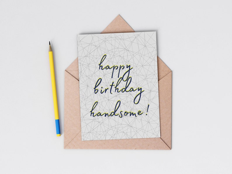 Happy birthday handsome card, Husband Boyfriend Card, Card for him, Modern birthday, plastic free, send direct option image 1