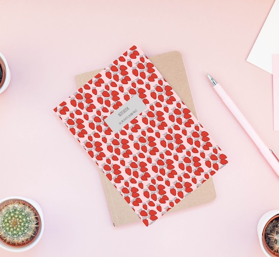 Strawberry Notebook, Small A6 Notepad, Modern Stationery, Stocking Filler, Blank Page Notebook