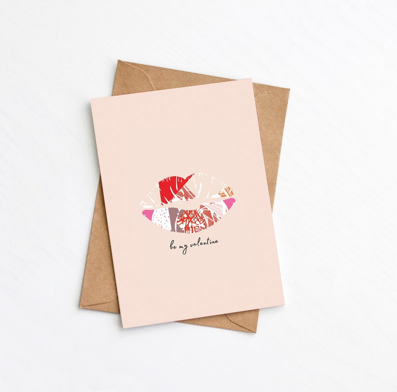 Be My Valentine Card, Lips Card, Modern Valentines Day Card, Abstract Print, Send Direct Option, Eco Friendly, Plastic Free image 1