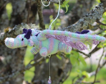 Dragon crochet crystal sun sensor purple and green color / Dragon hook Crystal sun catcher green and purple color