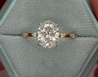 POPULAR STYLE D Color VVS2 Clarity IGI Certified Oval Cut Lab Grown Diamond Thin Dainty Solitaire Engagement Ring, Side Rounds 14k Gold