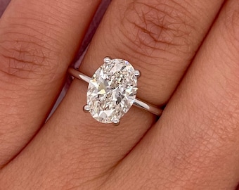 3 Carat E Color VVS2 Clarity IGI Certified Oval Cut Lab Grown Diamond Solitaire Hidden Halo Engagement Ring 14k White Gold