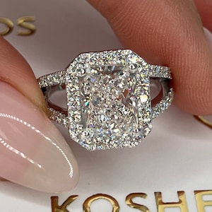 3.75 carat E Color VVS2 Clarity IGI CERTIFIED Elongated Radiant Cut Lab Created Diamond Halo Split Shank Engagement Ring 14k White Gold