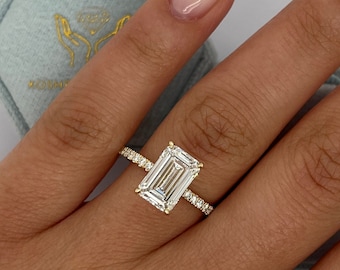 2.75 carat IGI CERTIFIED E/VVS2 Emerald Cut Lab Created Diamond Solitaire Engagement Ring 14k Yellow Gold Hidden Halo , Side Round Diamonds