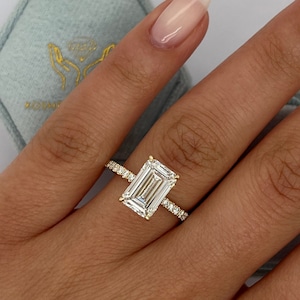 2.75 carat IGI CERTIFIED E/VVS2 Emerald Cut Lab Created Diamond Solitaire Engagement Ring 14k Yellow Gold Hidden Halo , Side Round Diamonds