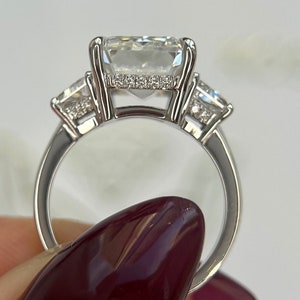 UNIQUE 5.10 carat E/VVS2 Hidden Halo Three Stone Emerald Cut Lab Grown Diamond Engagement Ring, Side Trapezoids and Rounds IGI Certified