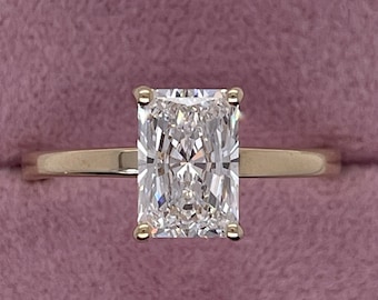 Flat Edge Band 1.50 Carat D Color VVS2 Clarity IGI Certified Elongated Radiant Cut Lab Diamond Solitaire Engagement Ring 14k Yellow Gold