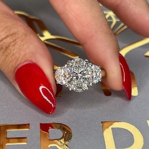 4 Carat E/VVS2 IGI CERTIFIED Three Stone Oval Cut Lab Grown Diamond Engagement Ring, Half Moon Side Diamonds, 18k White Gold WHOLESALE Price
