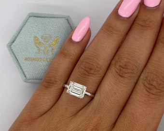 East to West Emerald Cut Lab Grown Diamond Solitaire Engagement Ring, 14k White Gold