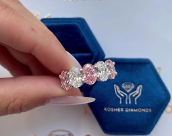 UNIQUE Alternating Vivid Pink & D Color VVS1 Clarity 2.5 Carat Total Weight Five Stone Oval Lab Grown Diamond Engagement Ring 18k White Gold