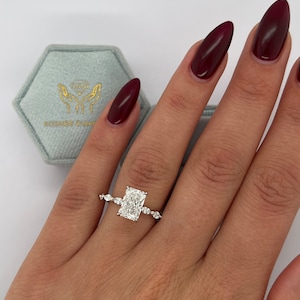 3 Carat E color VVS2 Clarity IGI CERTIFIED Elongated Radiant Cut Lab Grown Diamond Engagement Ring, Hidden Halo Round Cuts, Side Marquise
